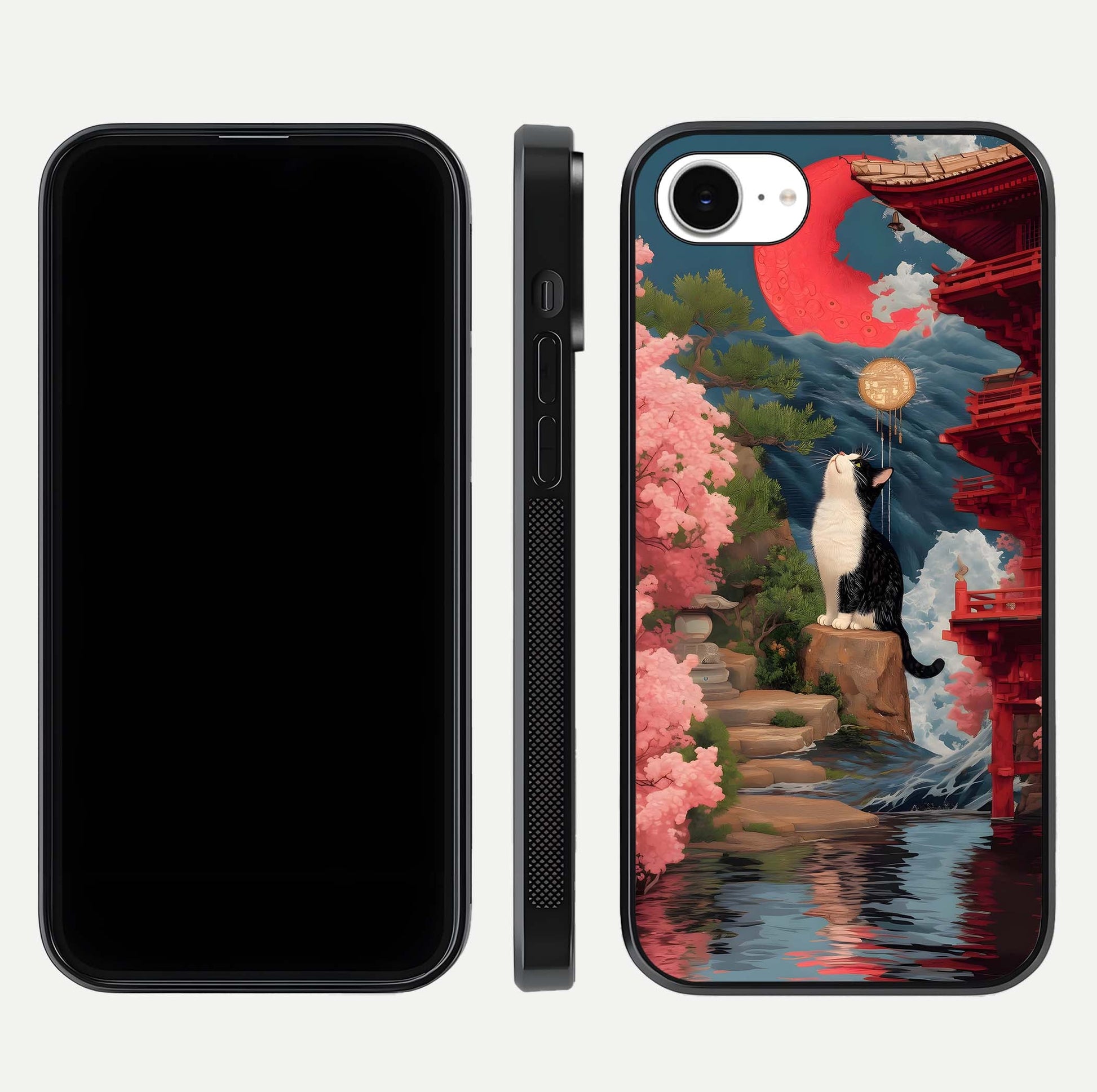 Temple Cat Scenery Glass Case for iPhone 16e front & back layout showing scenic print and edge design