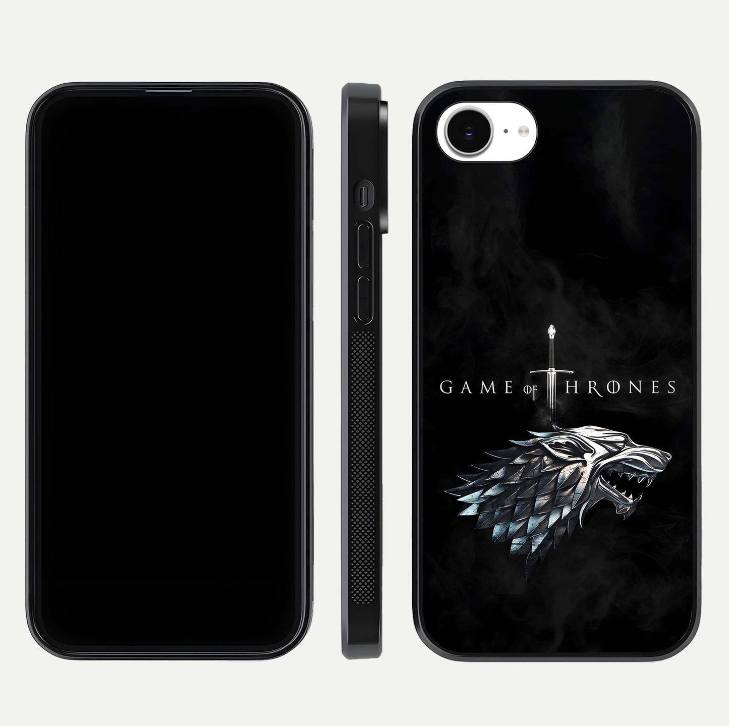 Throne Wolf Legacy Glass Case for iPhone 16e front & back layout showing bold pattern and sharp edge