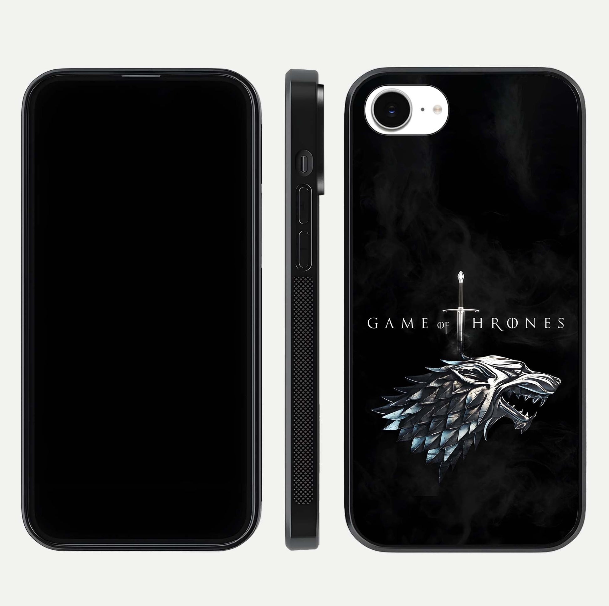 Throne Wolf Legacy Glass Case for iPhone 16e front & back layout showing bold pattern and sharp edge
