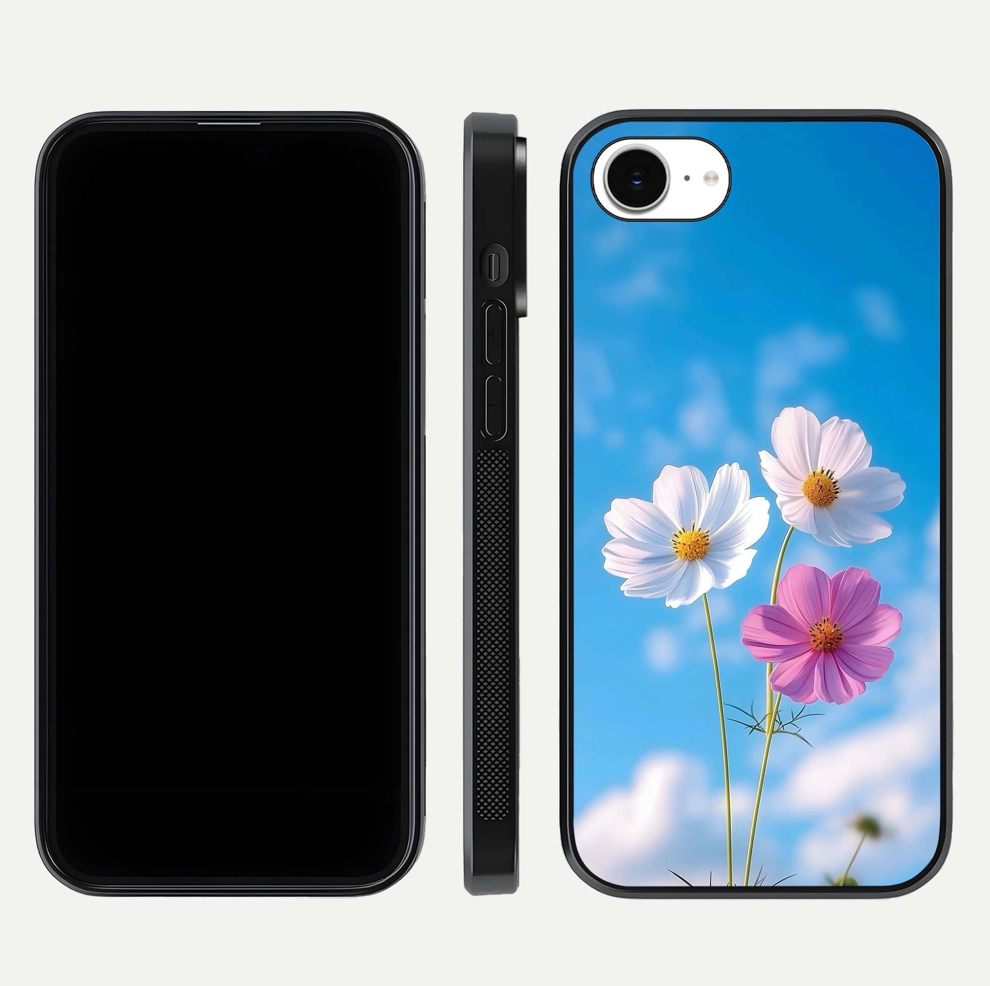Triple Flowers With Sky Glass Case for iPhone 16e front & back layout showing vivid tones and glossy surface