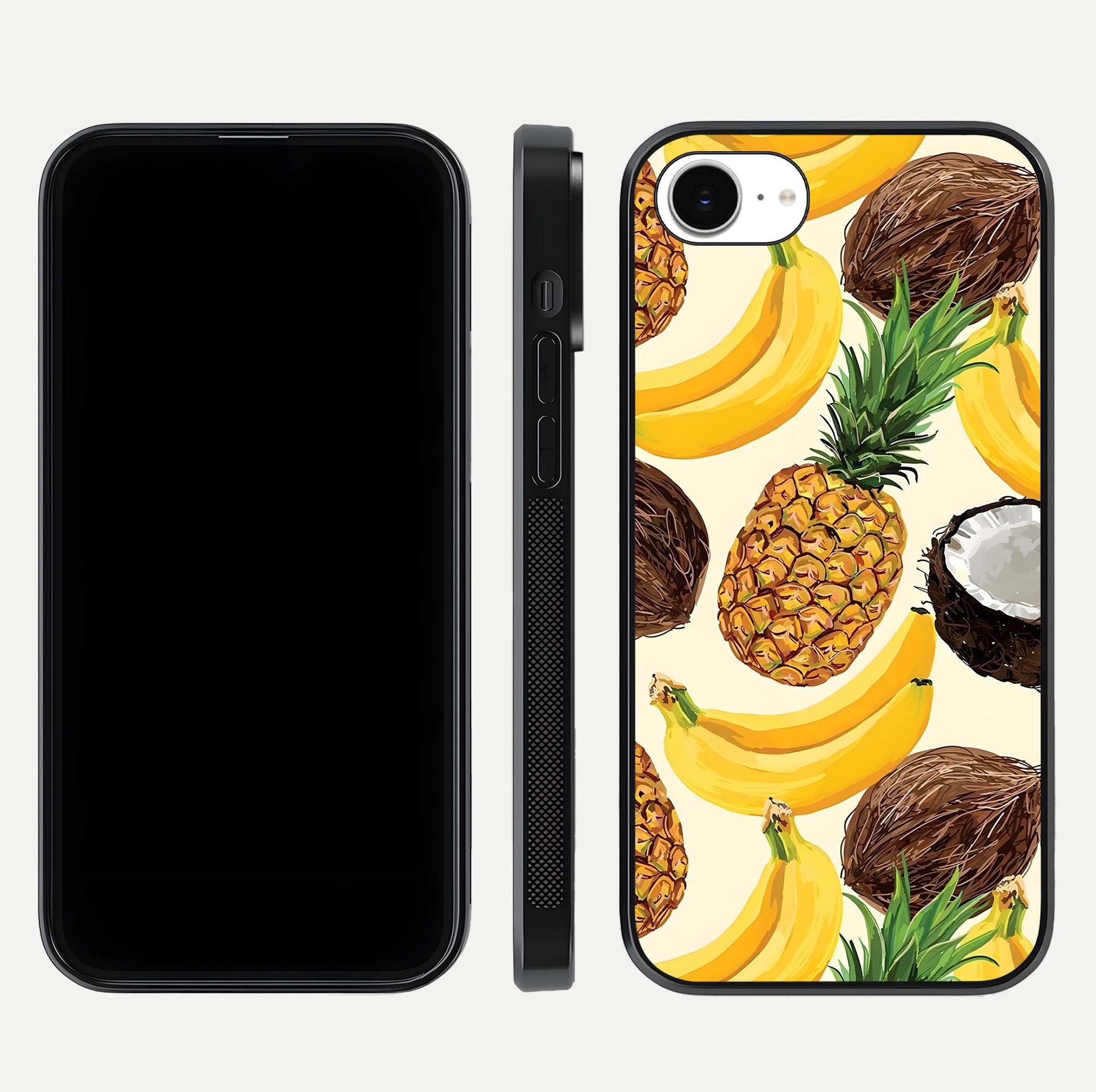 Tropical Fruit Mood Glass Case for iPhone 16e front & back layout showing playful tones and clean edge