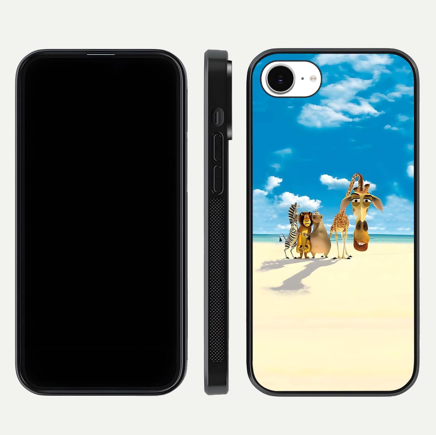 Tropical Fun Squad Glass Case for iPhone 16e front & back layout showing fun pattern and smooth edges