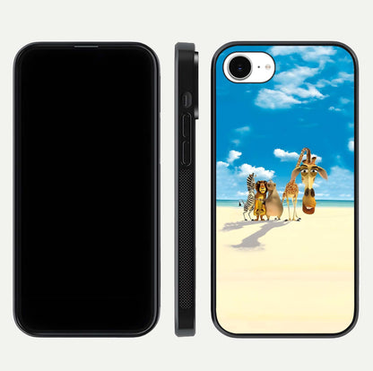 Tropical Fun Squad Glass Case for iPhone 16e front & back layout showing fun pattern and smooth edges