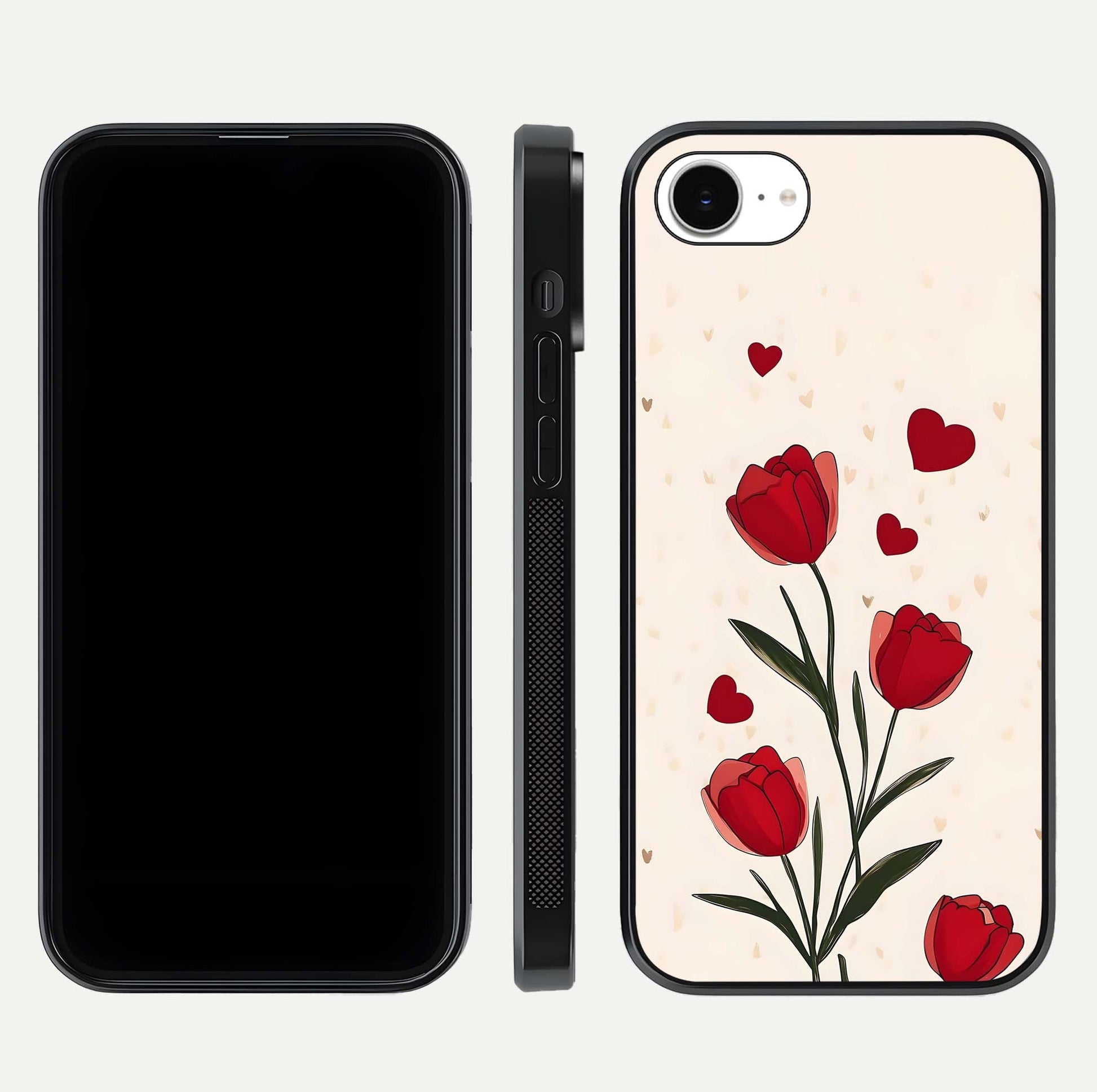Tulip With Heart Glass Case for iPhone 16e front & back layout showing heart motif and elegant gloss finish