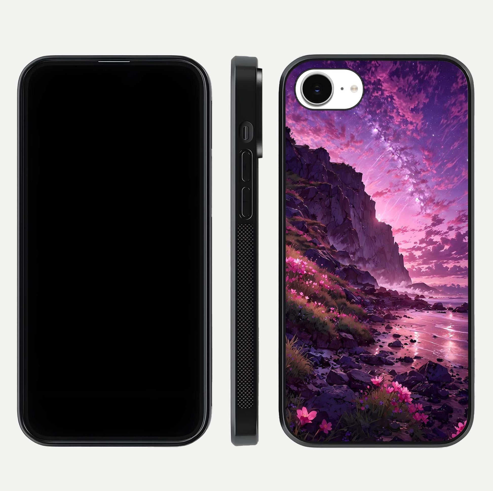 Twilight Blossom Coast Glass Case for iPhone 16e front & back layout showing floral tones and curved edge