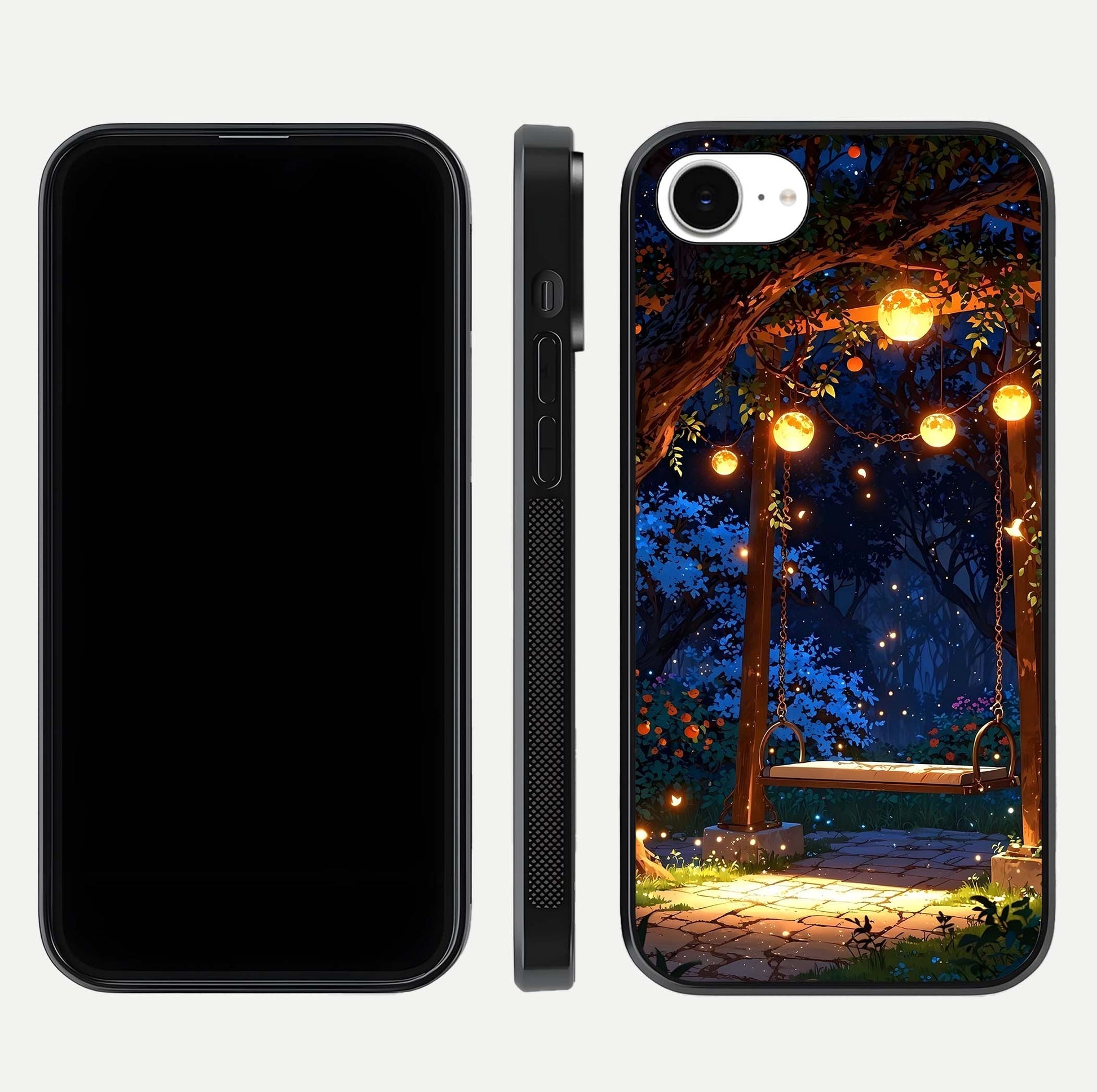 Twilight Garden Swing Glass Case for iPhone 16e front & back layout showing garden art and clean edge