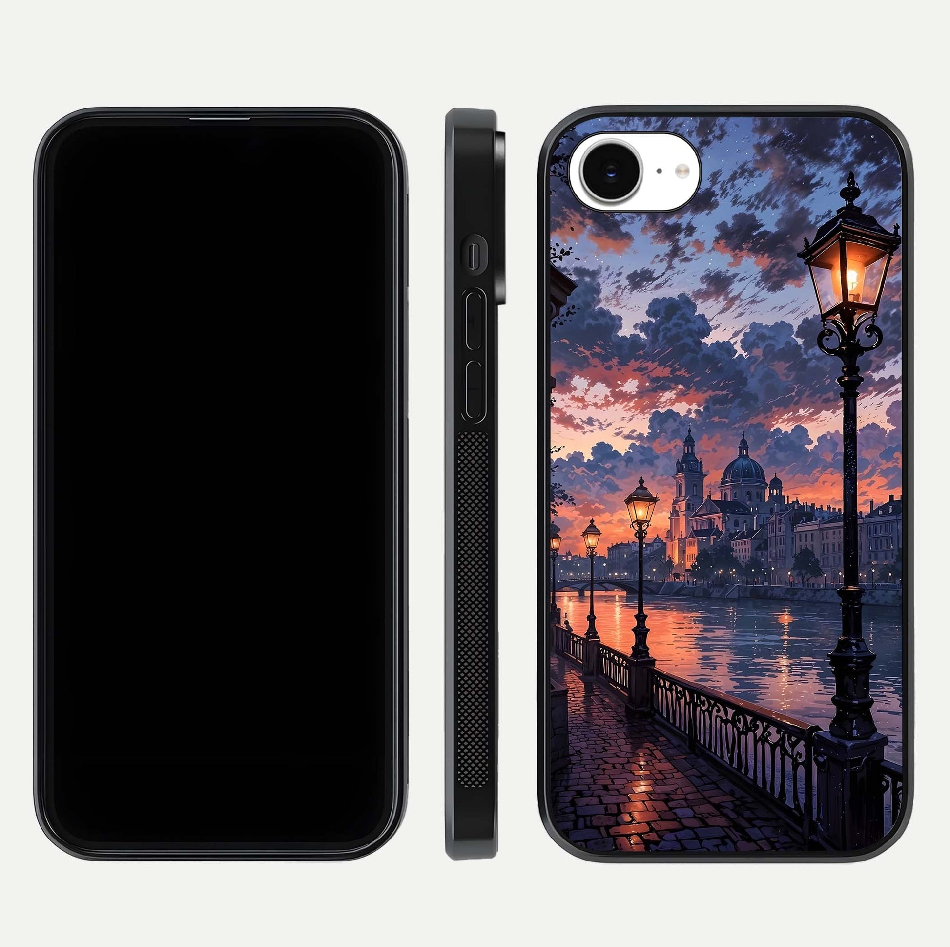 Twilight River Lights Glass Case for iPhone 16e front & back layout showing scenic artwork and smooth curved edges