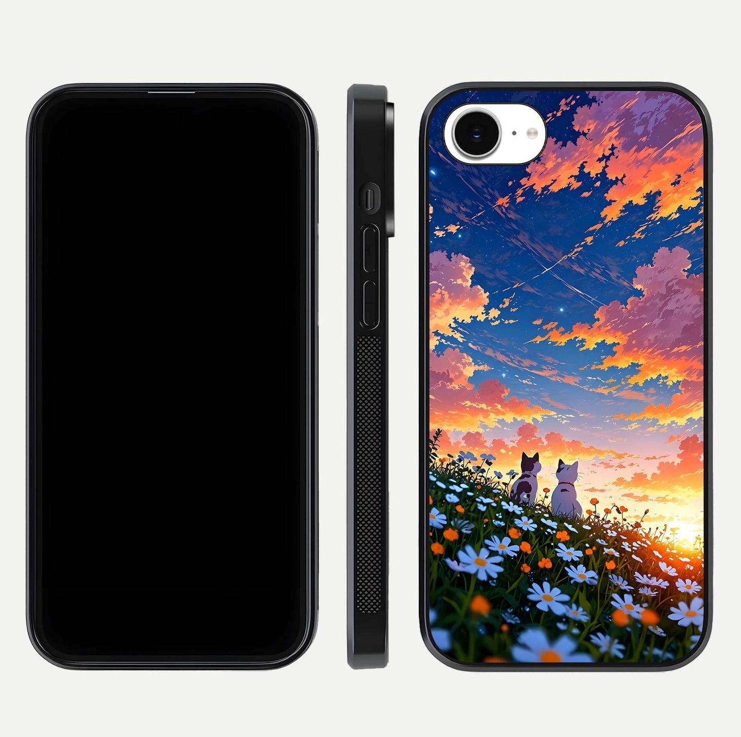 Two Cats Friends Glass Case for iPhone 16e front & back layout showing friendly cat theme and edge design