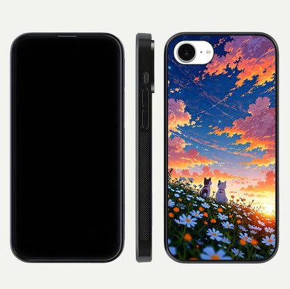 Two Cats Friends Glass Case for iPhone 16e front & back layout showing friendly cat theme and edge design