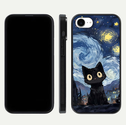 Van Gogh Cat Glass Case for iPhone 16e front & back layout showing detailed art print and curved glass edges