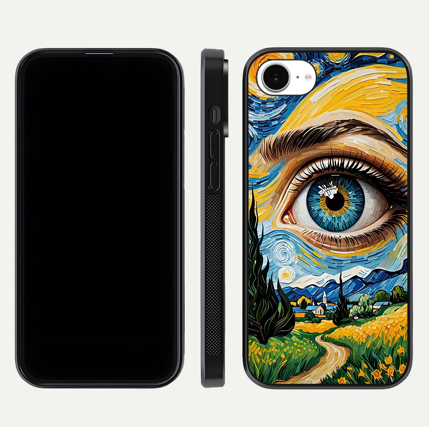 Van Gogh Eye Glass Case for iPhone 16e front & back layout showing brushstroke detail and smooth finish