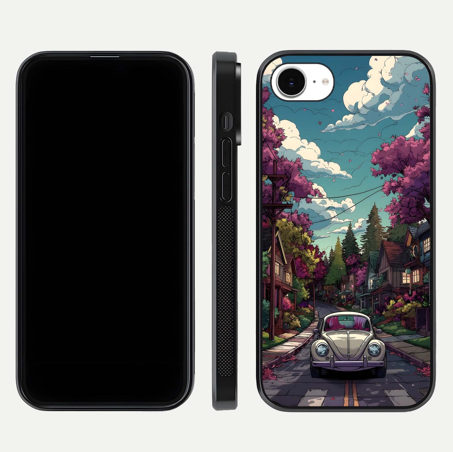 Vintage Street Drive Glass Case for iPhone 16e front & back layout showing retro street scene and edges
