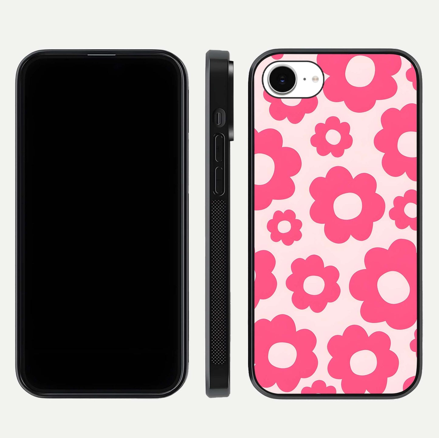 Blush Flower Pop iPhone 16e glass phone case front and side layout view showing slim profile and full floral coverage