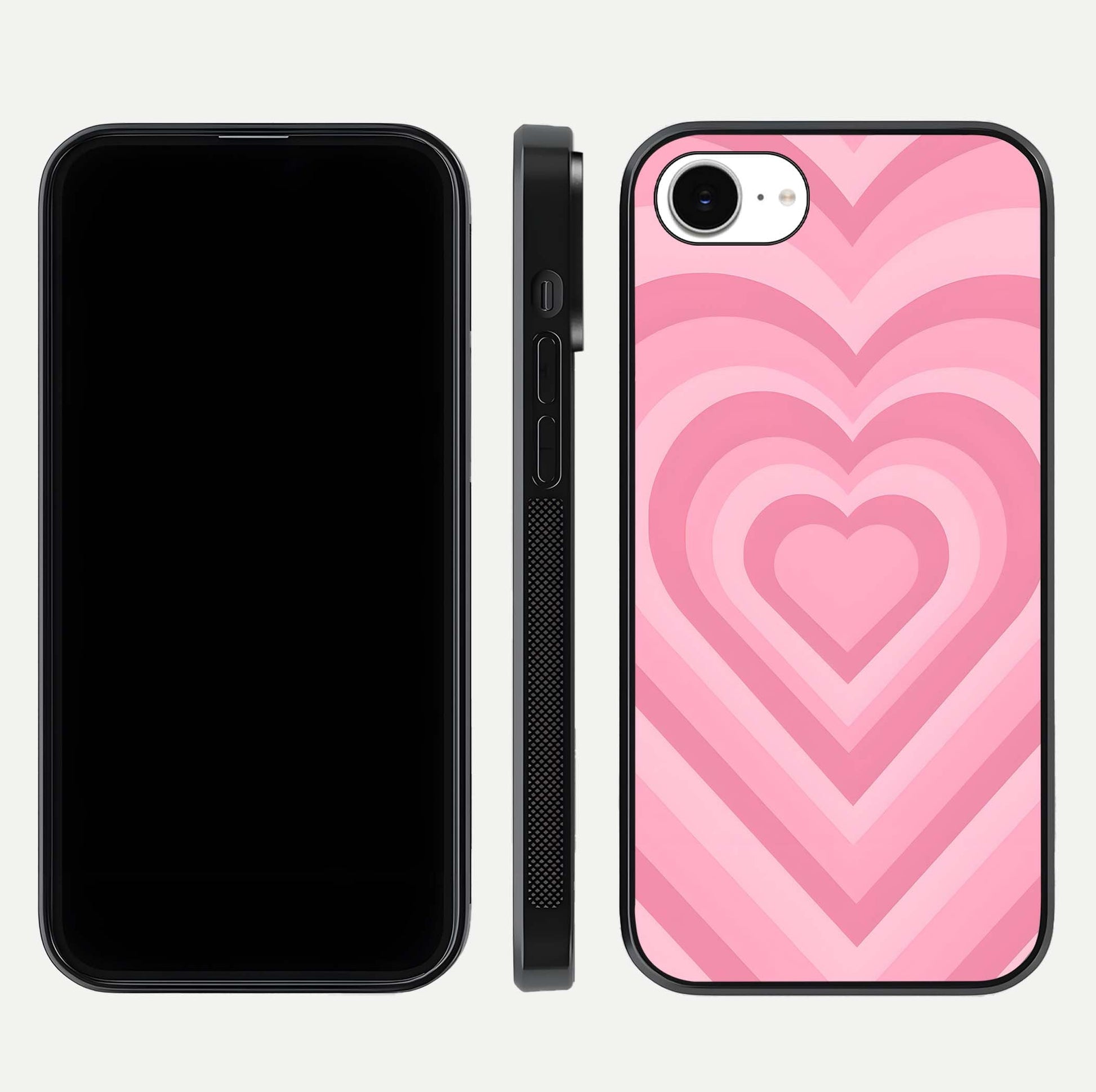 Blush Heart Waves iPhone 16e glass phone case front and side layout view displaying slim frame and full heart pattern