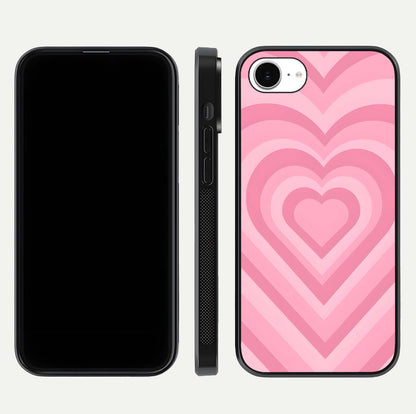 Blush Heart Waves iPhone 16e glass phone case front and side layout view displaying slim frame and full heart pattern