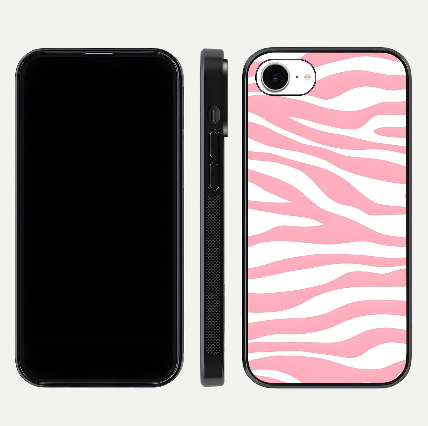 Blush Zebra Flow iPhone 16e glass phone case front and side layout view showing slim build and flowing pattern coverage