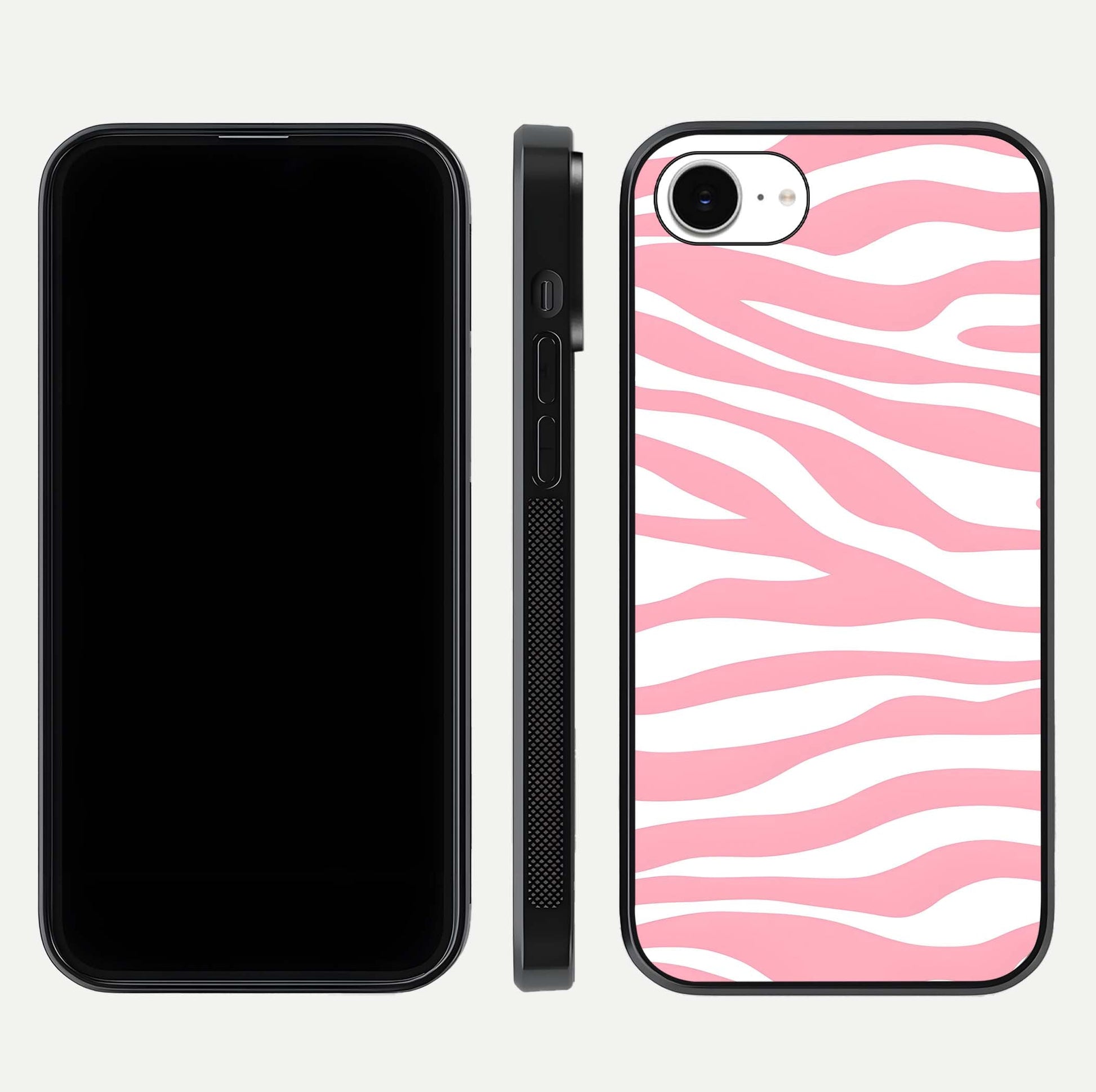 Blush Zebra Flow iPhone 16e glass phone case front and side layout view showing slim build and flowing pattern coverage