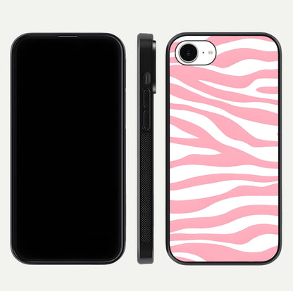 Blush Zebra Flow iPhone 16e glass phone case front and side layout view showing slim build and flowing pattern coverage
