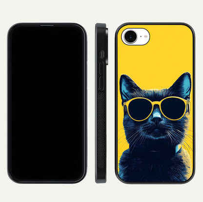 Cool Cat Vibes iPhone 16e glass phone case front and side layout view showing slim frame and full design coverage