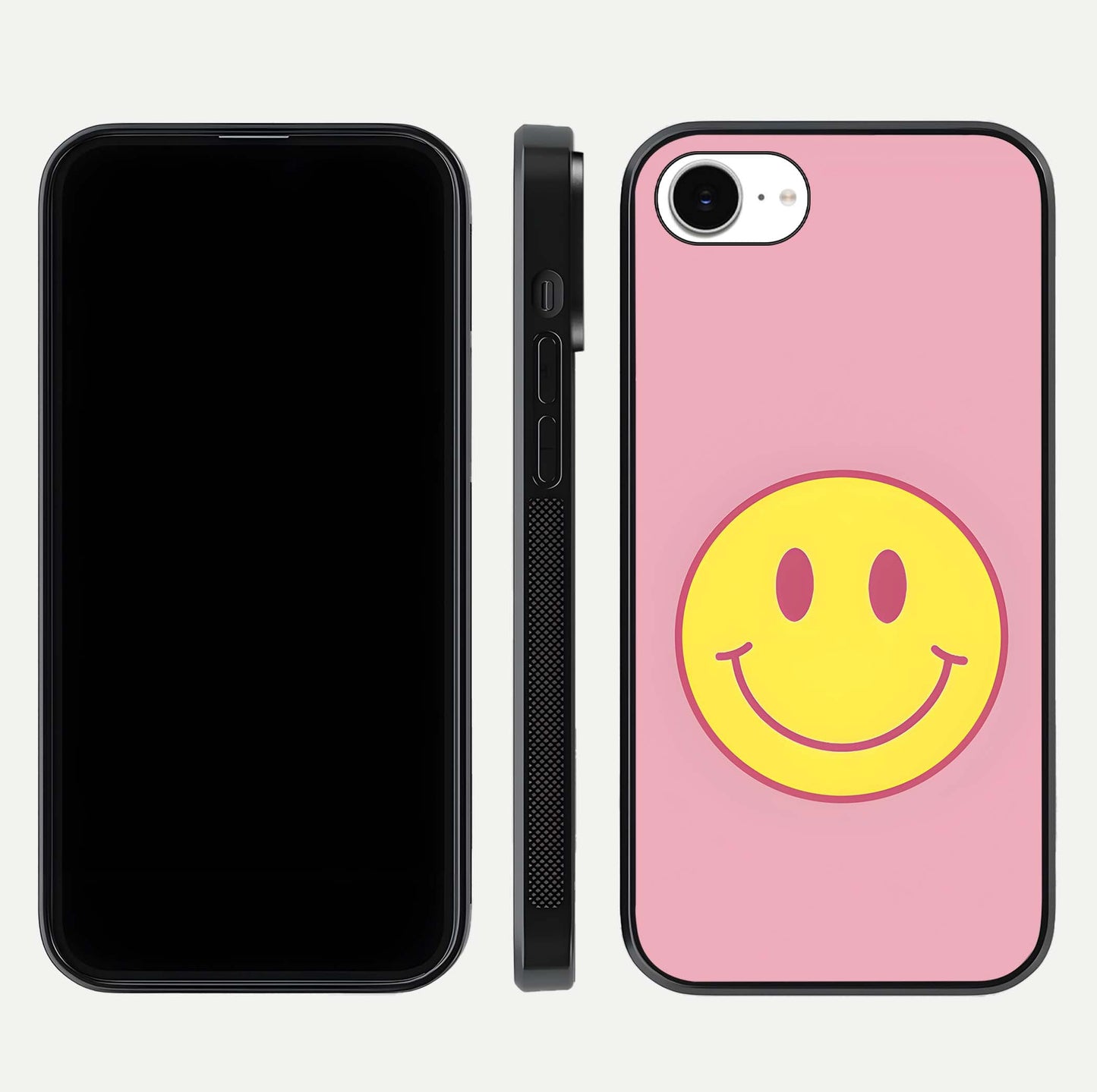 Happy Pink Mood iPhone 16e glass phone case front and side layout view showing slim build and full pink coverage