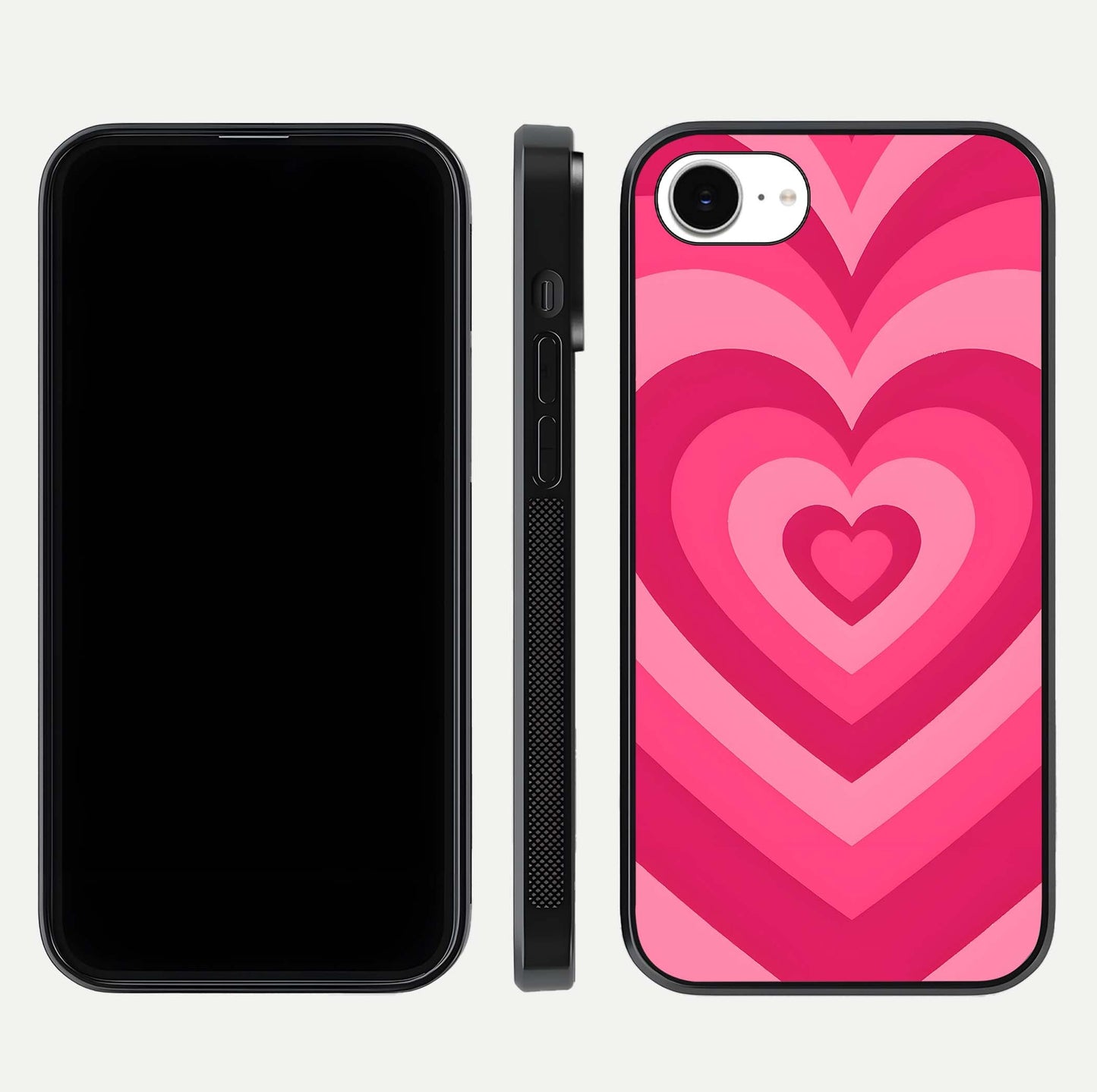 Layered Love Hearts iPhone 16e glass phone case front and side layout view displaying slim profile and full heart design