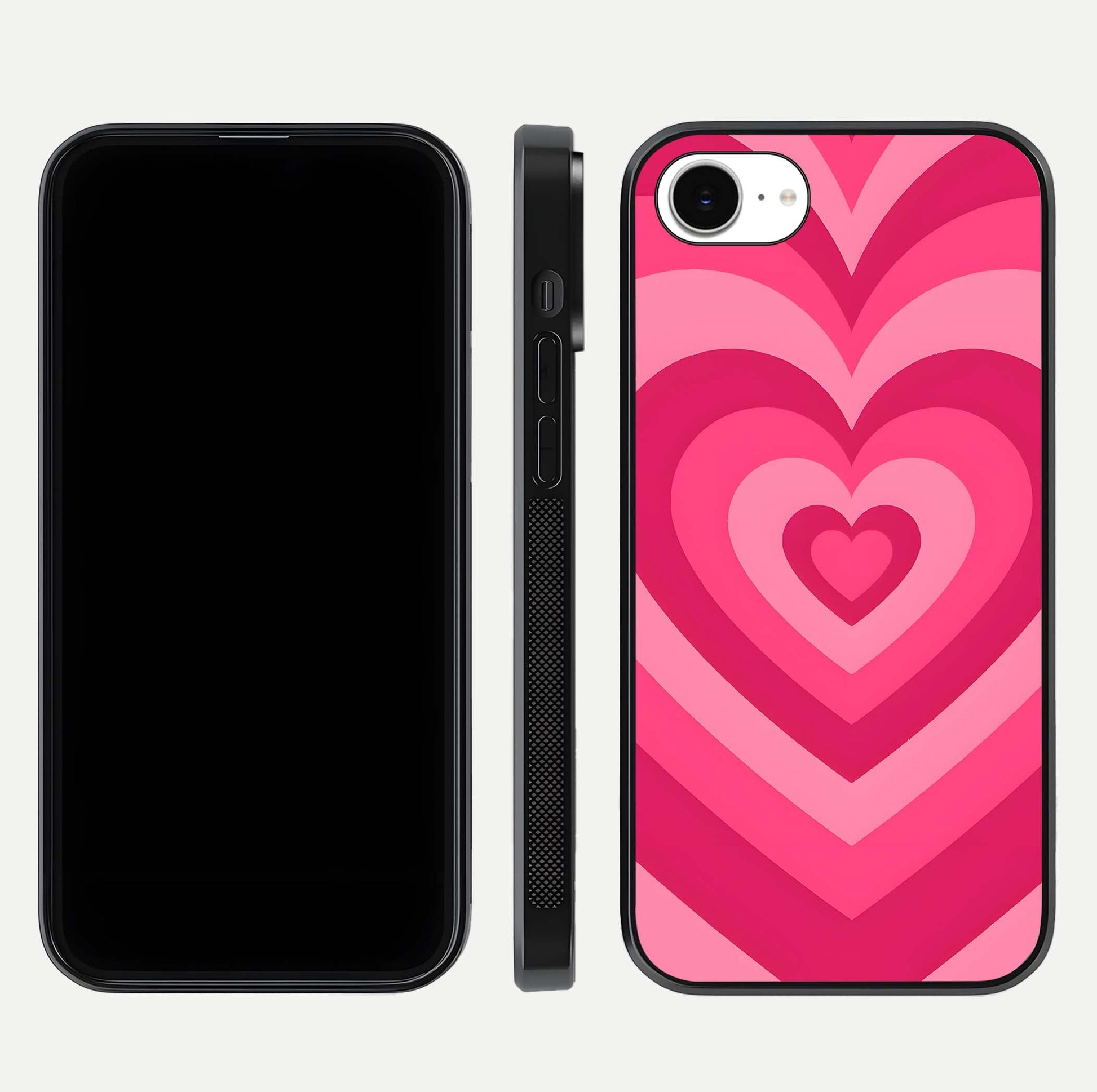 Layered Love Hearts iPhone 16e glass phone case front and side layout view displaying slim profile and full heart design
