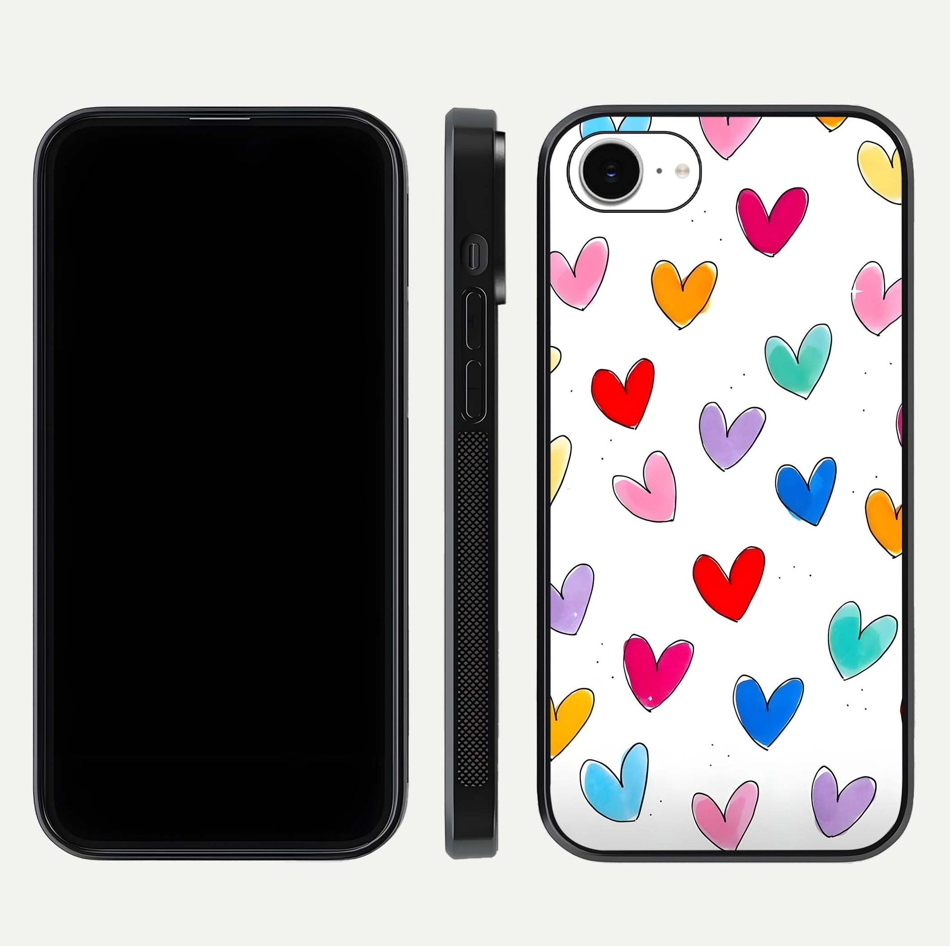 Playful Love Doodles iPhone 16e glass phone case front and side layout view showing slim build and full doodle coverage