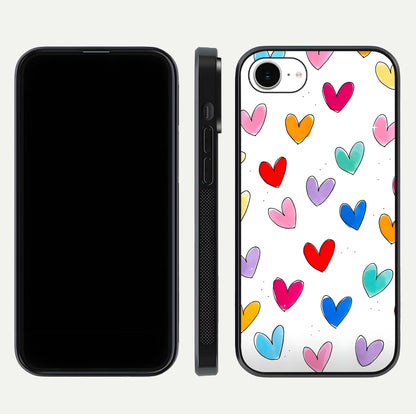 Playful Love Doodles iPhone 16e glass phone case front and side layout view showing slim build and full doodle coverage