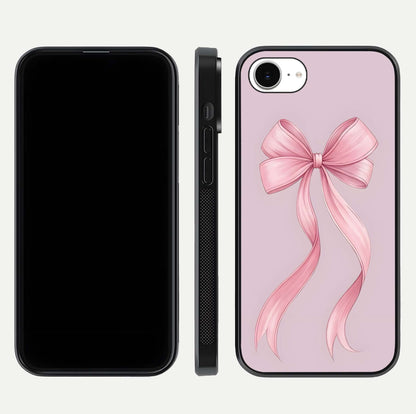 Soft Blush Bow iPhone 16e glass phone case front and side layout view displaying slim profile and gentle aesthetic