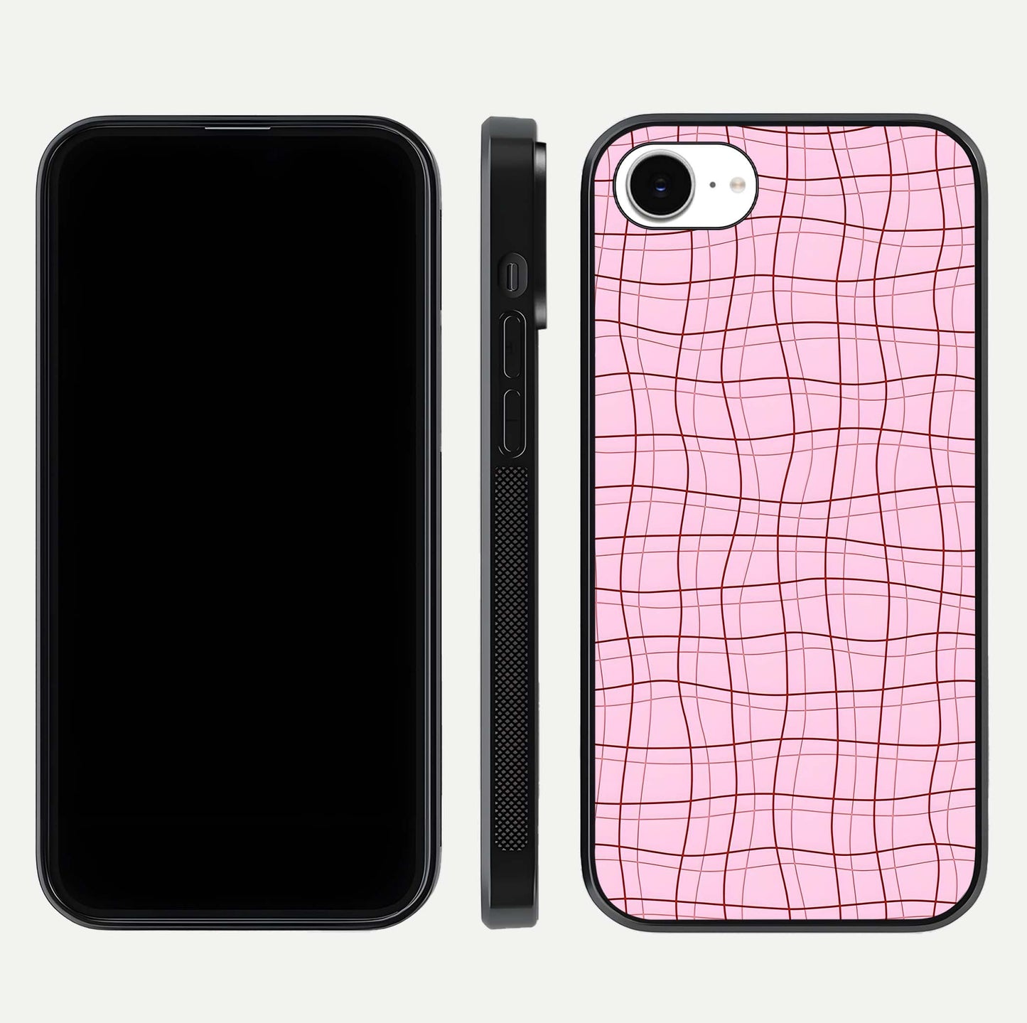Soft Grid Bliss iPhone 16e glass phone case front and side layout view displaying slim profile and clean design