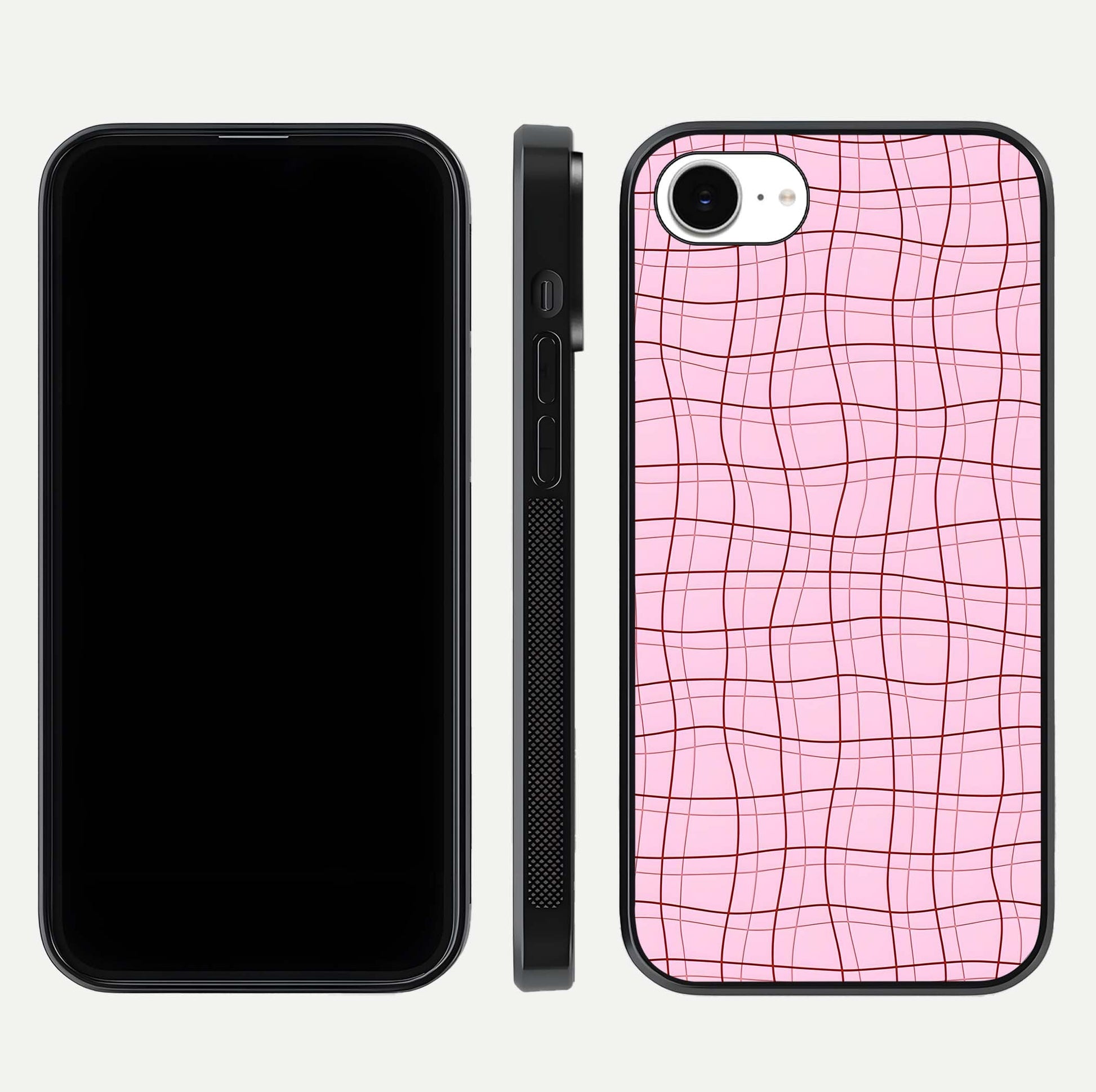 Soft Grid Bliss iPhone 16e glass phone case front and side layout view displaying slim profile and clean design