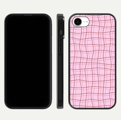 Soft Grid Bliss iPhone 16e glass phone case front and side layout view displaying slim profile and clean design