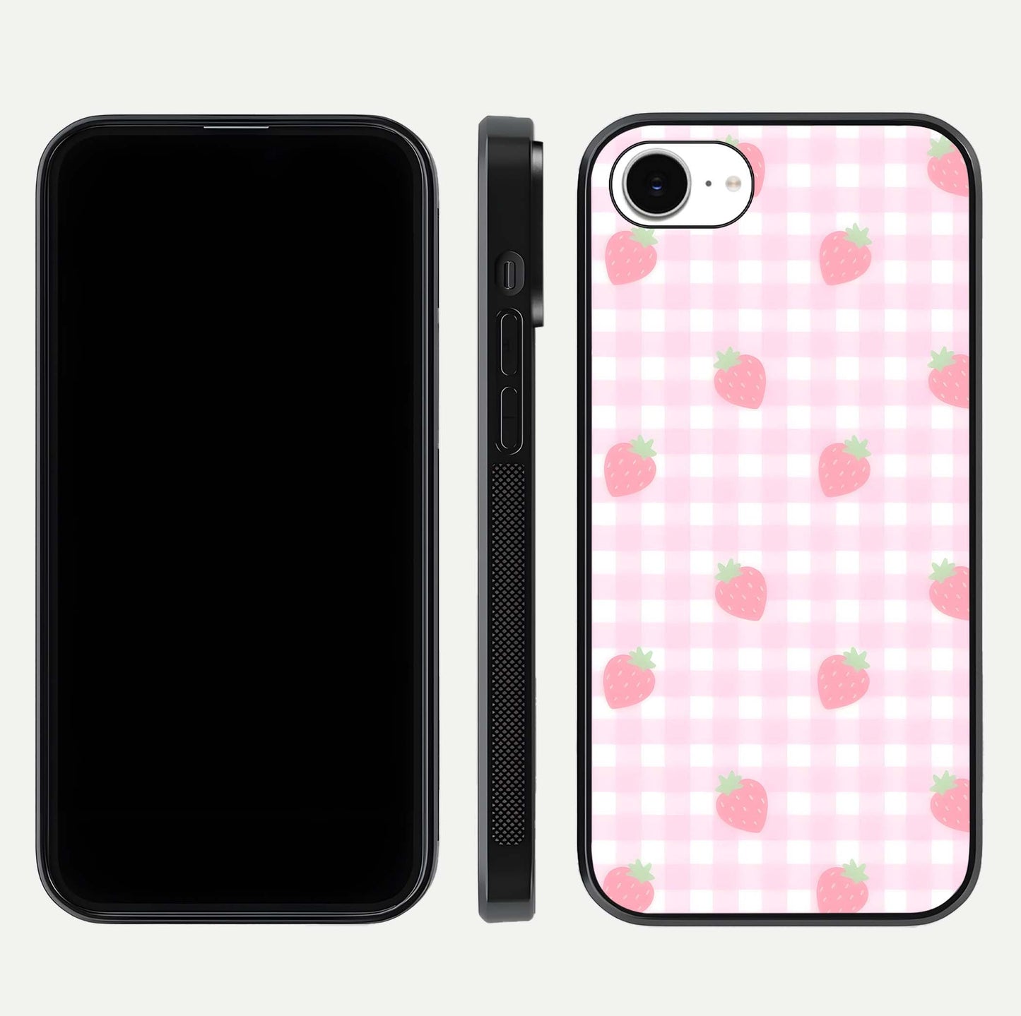 Strawberry Picnic Love iPhone 16e glass phone case front and side layout view showing slim profile and full picnic design