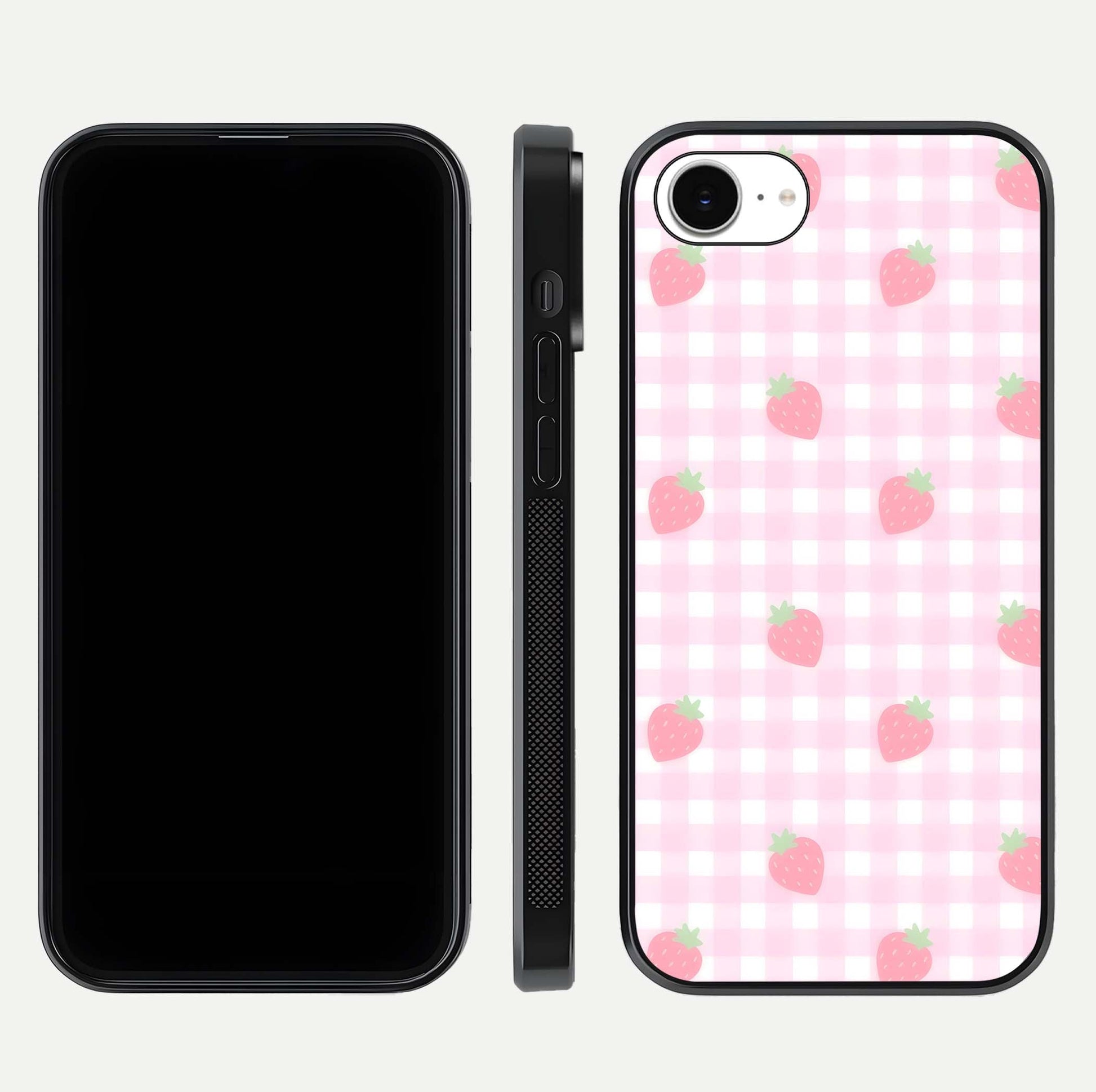 Strawberry Picnic Love iPhone 16e glass phone case front and side layout view showing slim profile and full picnic design