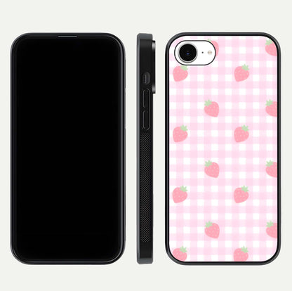 Strawberry Picnic Love iPhone 16e glass phone case front and side layout view showing slim profile and full picnic design