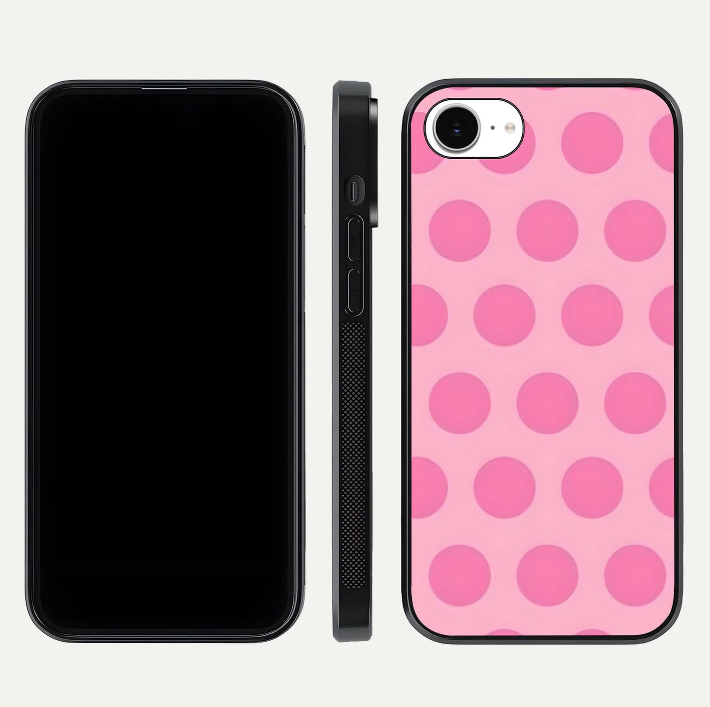Sweet Dot Dreams iPhone 16e glass phone case front and side layout view displaying slim build and full dot design