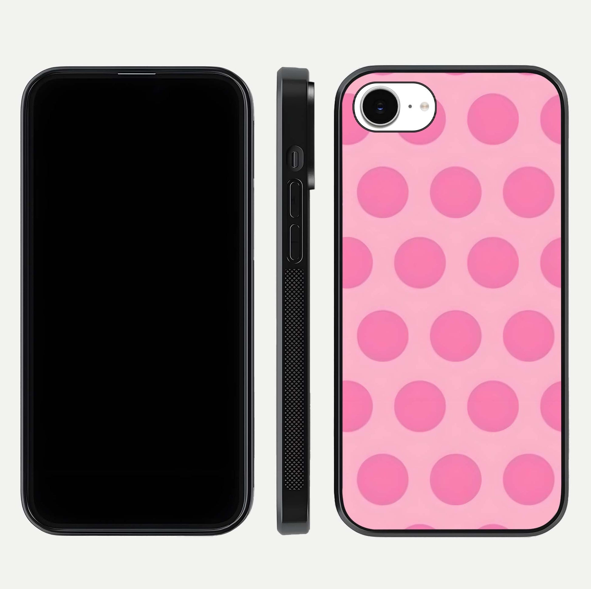 Sweet Dot Dreams iPhone 16e glass phone case front and side layout view displaying slim build and full dot design