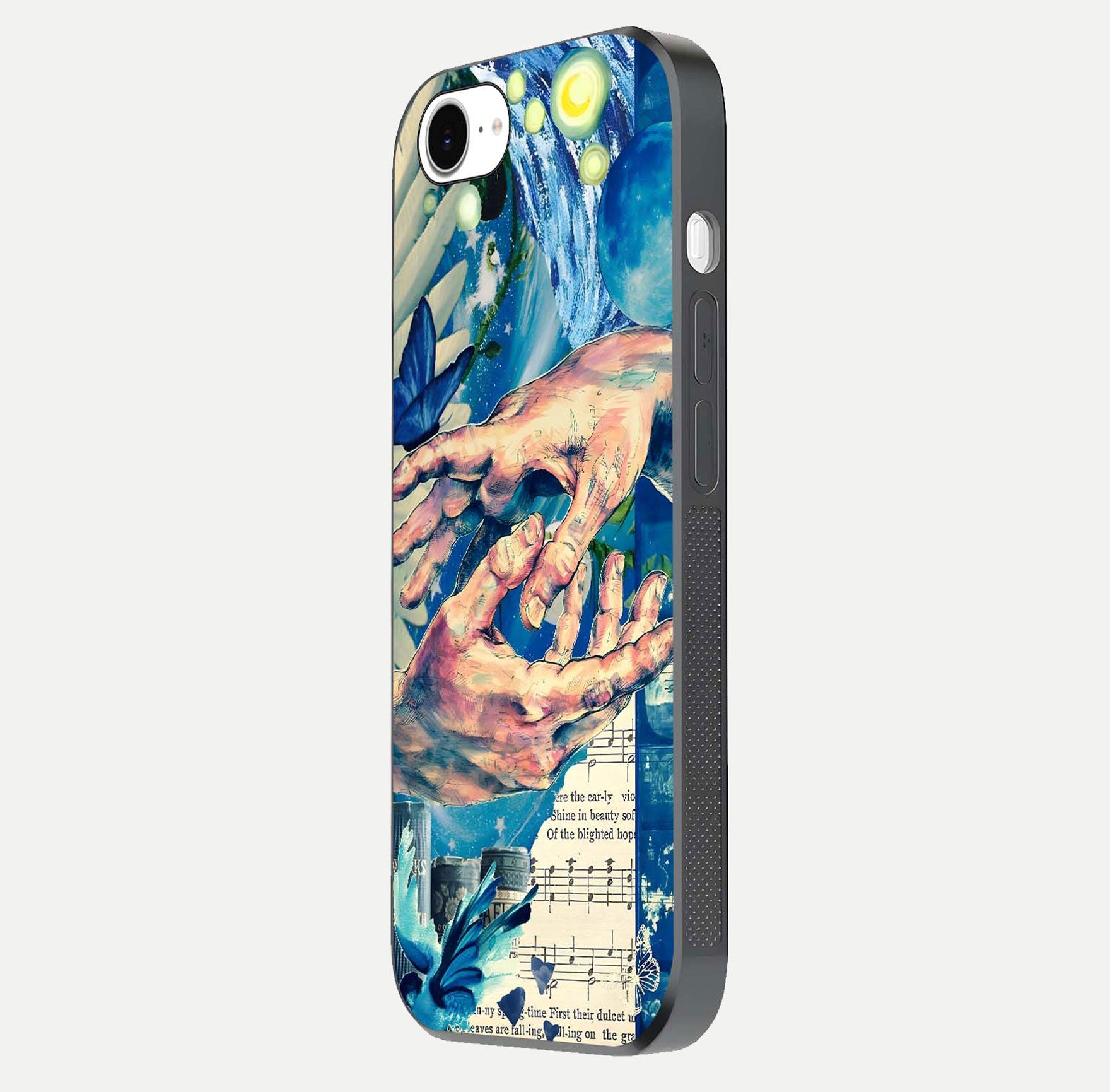 Aesthetic Divider Glass Case for iPhone 16e side-angle image showing divider pattern print, camera module, and glossy finish reflection