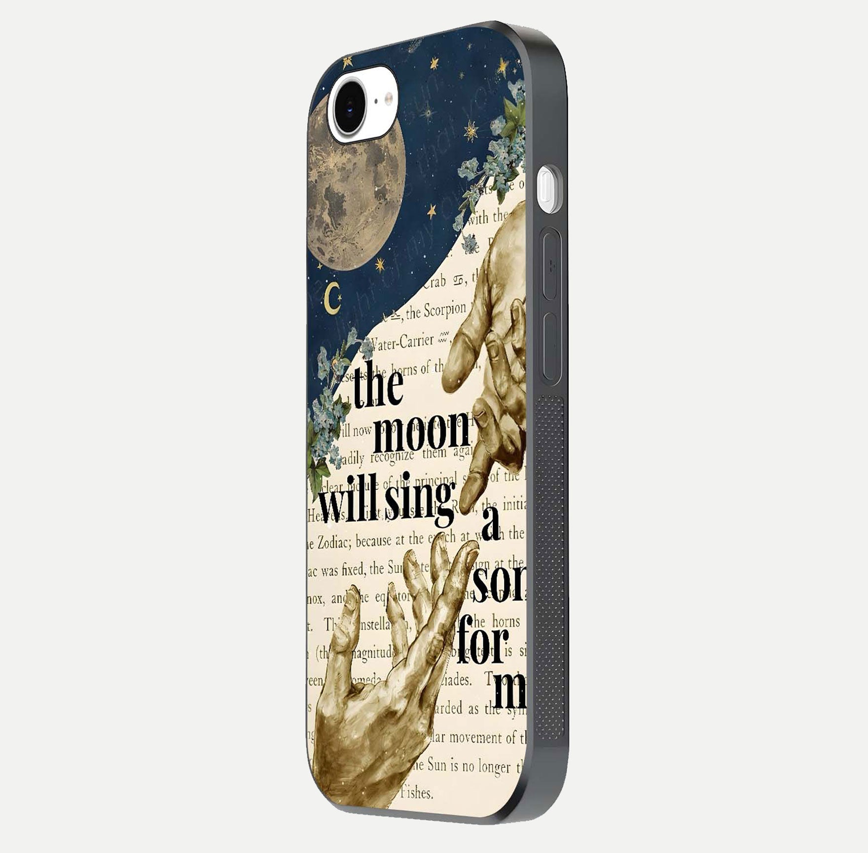 Aesthetic Divine Glass Case for iPhone 16e side-angle image showing divine abstract design, camera module, and glossy finish reflection