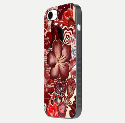 Aesthetic Little Freak Glass Case for iPhone 16e side-angle image showing colorful design, camera module, and glossy finish reflection