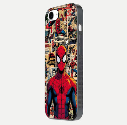 Aesthetic Spider Man Glass Case for iPhone 16e side-angle image showing superhero comic print, camera module, and glossy finish reflection