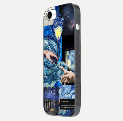 Aesthetic Vando Hands Glass Case for iPhone 16e side-angle image showcasing hand design, protective edges, and gloss texture