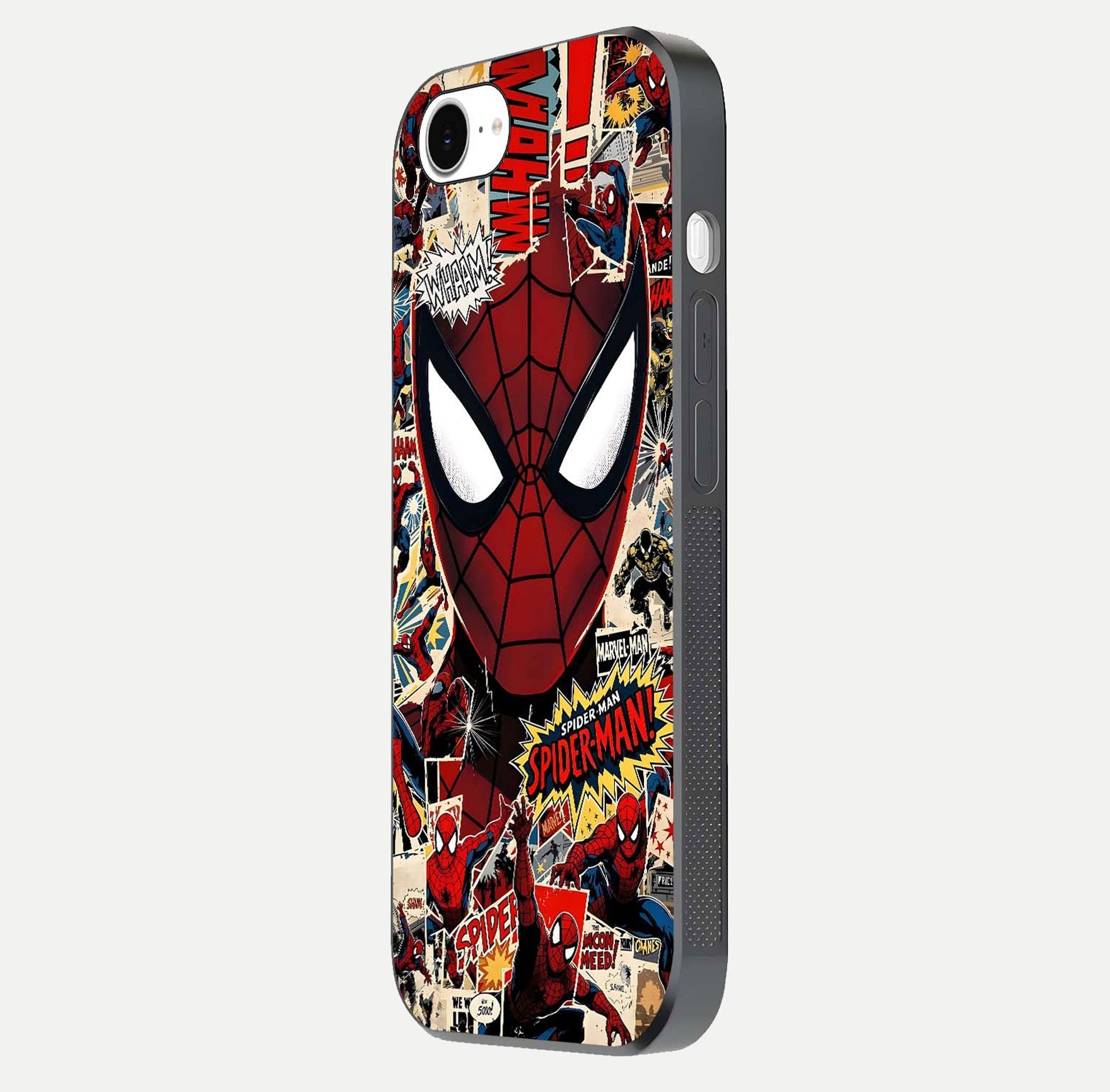 Aesthetic Wonder Spider Glass Case for iPhone 16e side-angle shot showing red-blue tones and durable protective frame