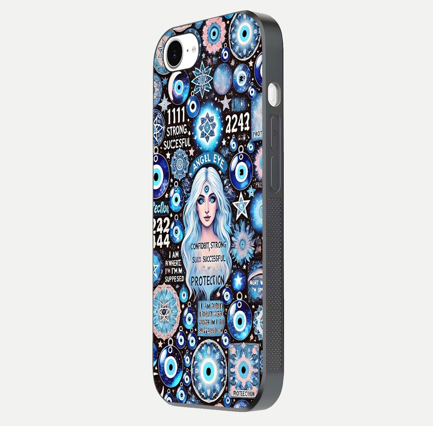Angel Aura Shield Glass Case for iPhone 16e side-angle photo showcasing aura details and glossy surface reflection