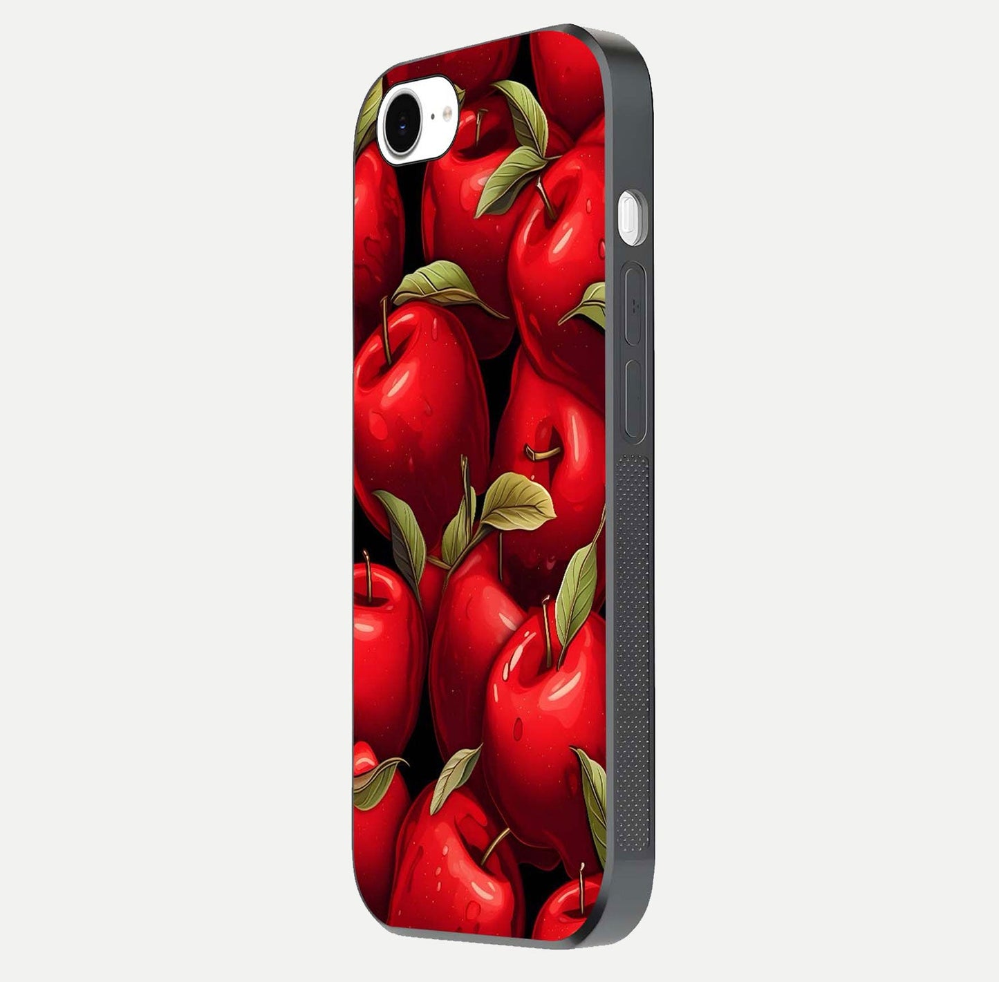 Apple Pattern Glass Case for iPhone 16e side-angle image showcasing minimalist apple print and gloss reflection