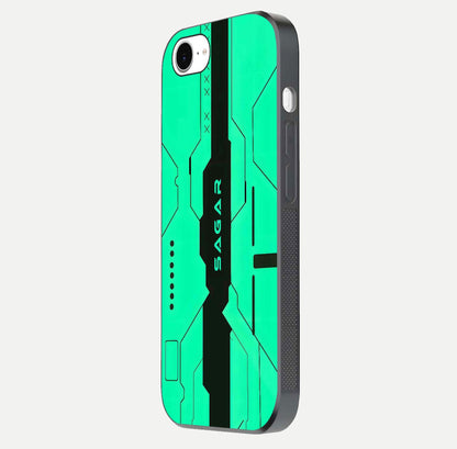 Aqua Tech CYBERPUNK Custom Name Glass Case for iPhone 16e side-angle image with glowing edges and glossy surface