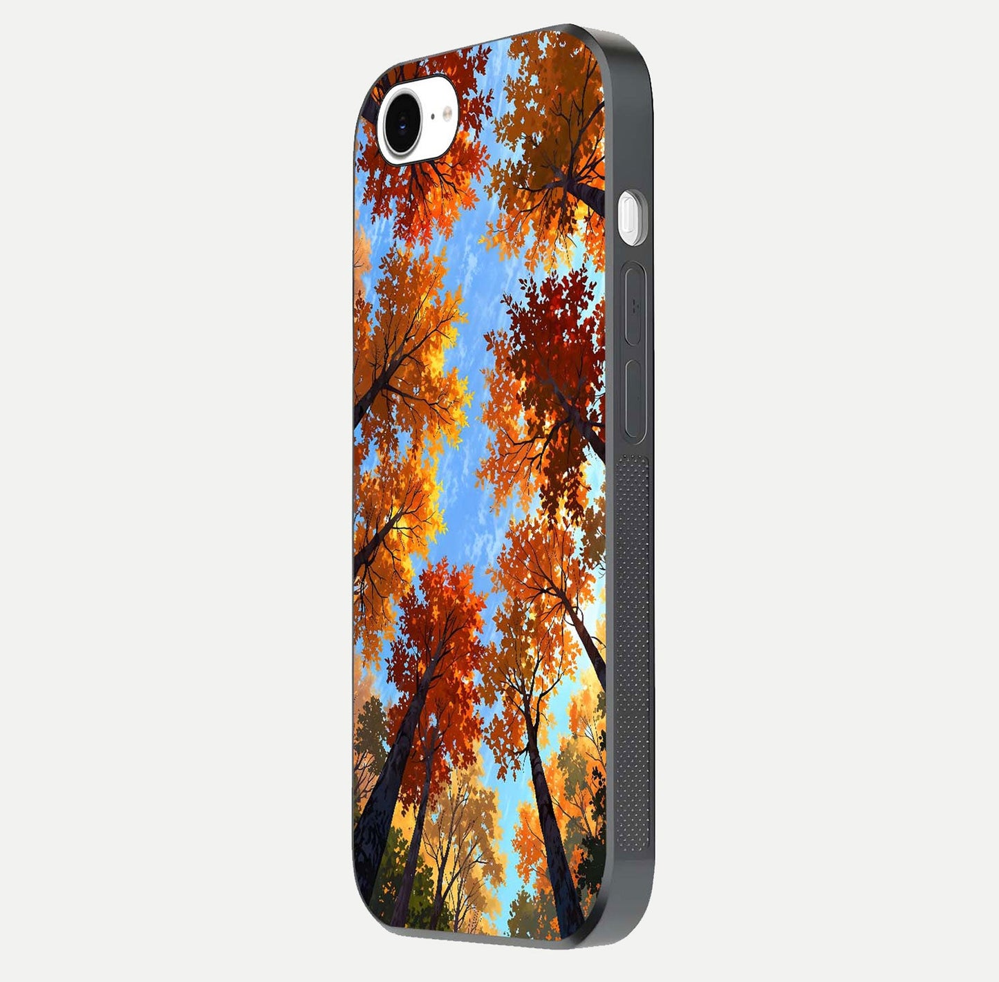 Autumn Sky Rise Glass Case for iPhone 16e side-angle showing autumn art tones and protective corners