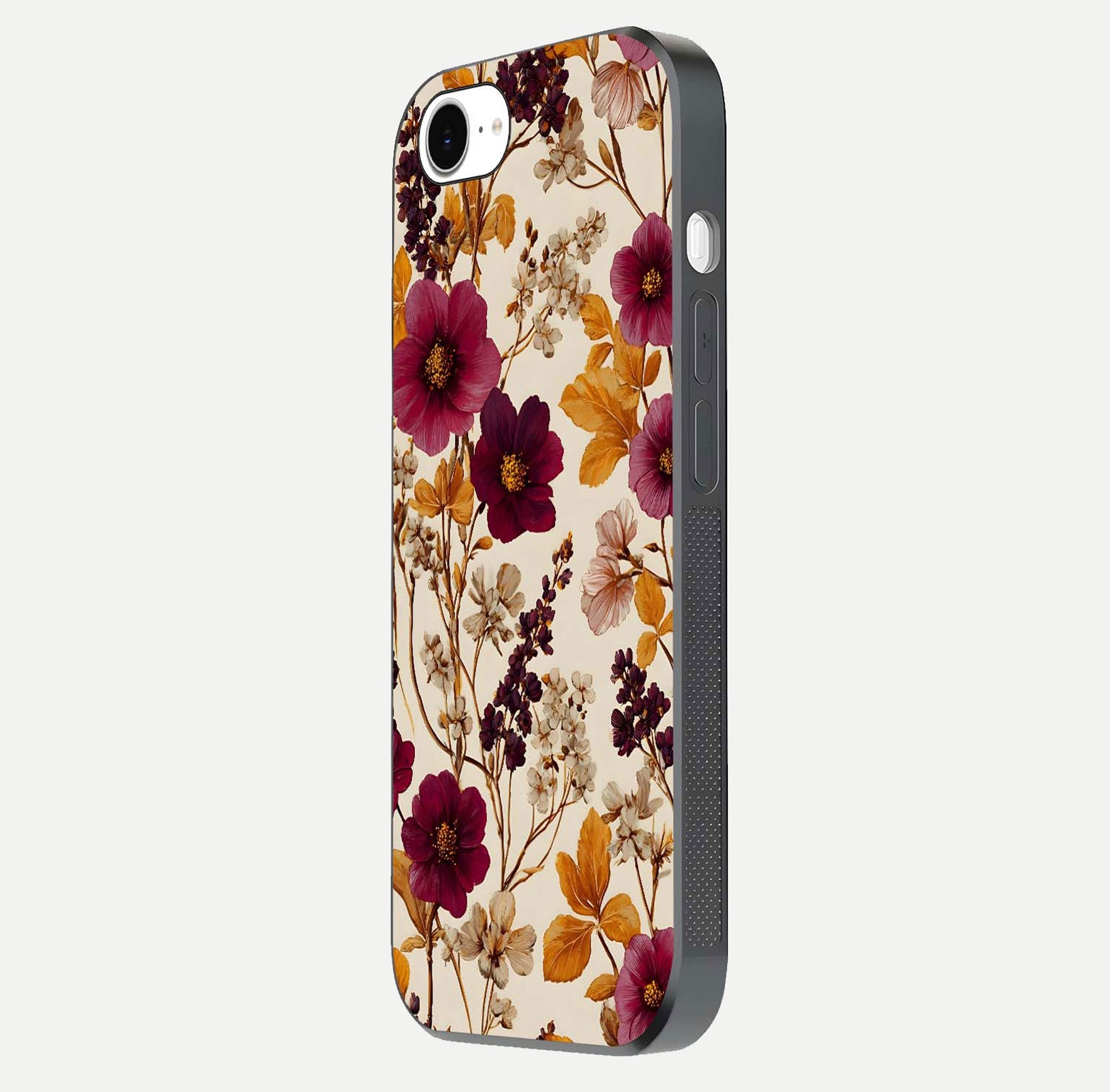 Autumn Wine Bloom Glass Case for iPhone 16e side-angle showcasing floral design, texture gloss, and camera frame