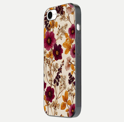 Autumn Wine Bloom Glass Case for iPhone 16e side-angle showcasing floral design, texture gloss, and camera frame