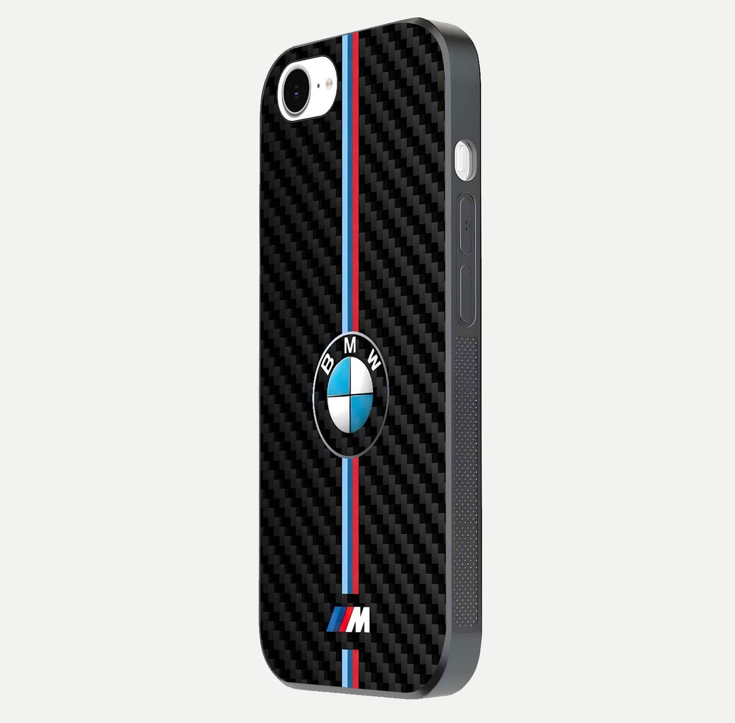 BMW Pattern Glass Case for iPhone 16e side-angle image showing edge finish and luxury car-inspired shine